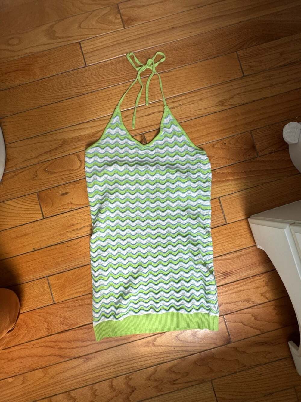 Crochet Halter Dress Size L Green White Chevron Knit Mini Y2K Festival 90’s